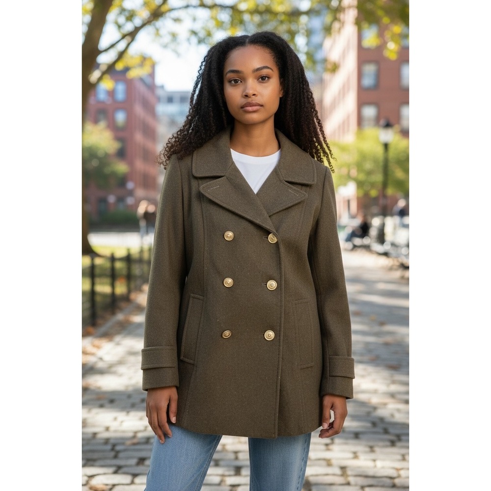 Old Navy Women Double Breasted Wool‎ Blend Pea Coat Olive Green Size L EUC